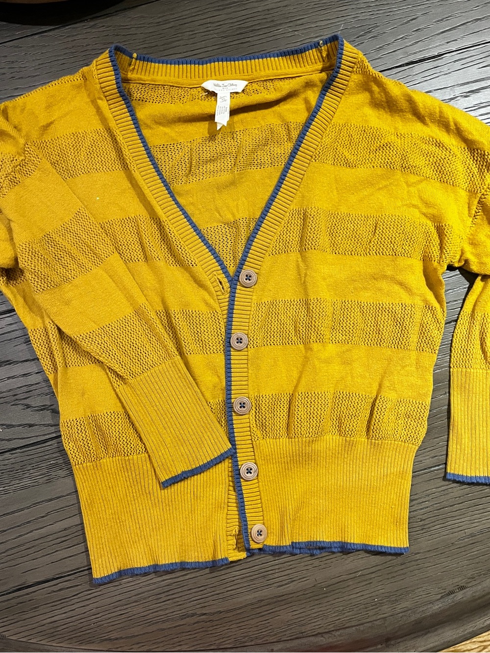 Matilda Jane Mustard Yellow Cardigan with Blue Trim knit